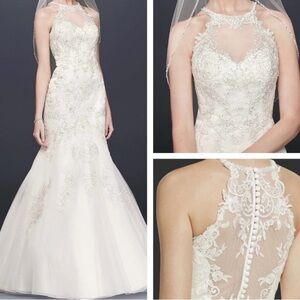 NWT David's Bridal JEWEL Illusion Halter Lace Wedding Dress in Soft White Sz. 10